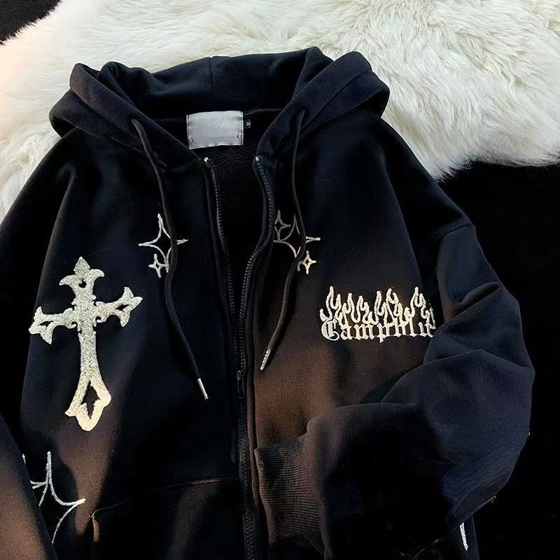 Goth Embroidery Retro Hoodies - Kopiwrite Kollective